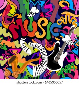 Musical graffiti print. Seamless vector pattern piano, guitar, saxophone, text and other graphic elements inspired by street art. Template for cards, covers and textile design.