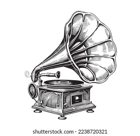 Musical gramophone sketch hand drawn vintage Vector illustration