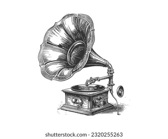 Esbozo gramófono musical de cosecha artesanal. Diseño de ilustraciones vectoriales.