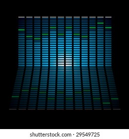 Musical graph with glowing lights and reflection in black background