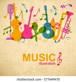 Musical graphic poster with colorful music instruments and notes silhouettes on striped vintage background vector illustration