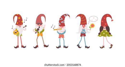 Musical group of bearded gnomes and a couple of characters in love. Set of Cartoon Elves with Musical Instruments. Cute fairytale vector illustration isolated on white background