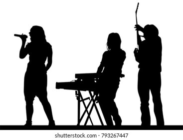 Musical group in concert on stage on white background