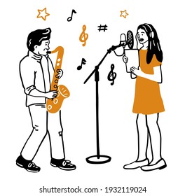 musical group doodle style vector illustration isolated on white background. jazz, singer. Isolated vector musicians. the saxophone. hand drawing
