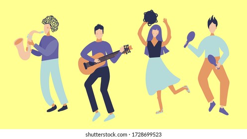 Musical Group Of Girls And Men. Guitar Player, Saxophonist, Maracas, Tambourine Player. Country Music Festival. Vector Flat Cartoon Modern Style Design Character Illustration Isolated On Background