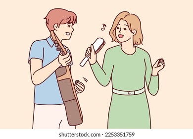 Musical group of man playing guitar and woman with rattle rehearsing new cool tune. Guy and girl enjoy joint performance of songs from new album performing at concert. Flat vector illustration 