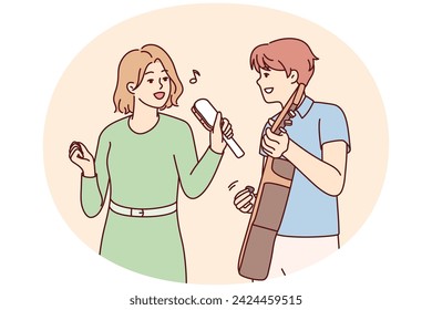 Musical group of man playing guitar and woman with rattle rehearsing new cool tune. Guy and girl enjoy joint performance of songs from new album performing at concert. Flat vector illustration