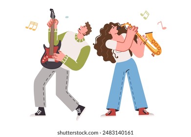 Musical group of man and woman performing jazz tune on guitar and saxophone for entertainment of audience. Professional musicians with musical instruments enjoying rehearsal before concert