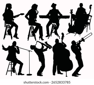 Grupo musical na silhueta do palco. Músico de jazz isolado. Músico tocando trompete. Teclado feminino jovem músico, cantor de rua, homem com microfone, guitarra, violino, silhuetas de saxofone.