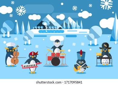 Musical group penguins in suits vector illustration. Animals character play musical instruments in cold, north, snowy terrain. Birds with cello, drums, piano and guitar at Antarctic.