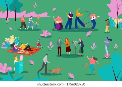 Musical group perform at park, vector illustration. People listen to instrumental song at nature, picnic and walking characters. Fun show with singer, guitarist, drummer and keyboard player.