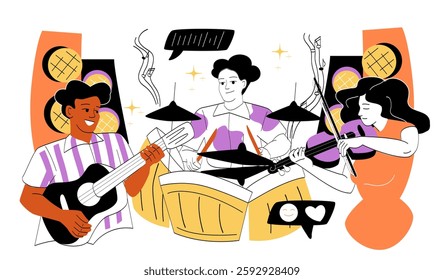 Musical group performing. Woman playing violin, young girl playing drums and man playing guitar. Band and orchestra. Concert and show, performance. Linear vector illustration