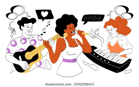 Musical group performing. Woman singing in microphone, young girl playing piano and man playing guitar. Band and orchestra. Groovy musicians. Linear vector illustration