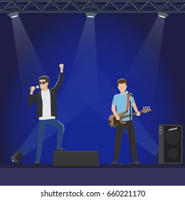 Musical group performs on stage vector illustration. Man in leather jacket sings in microphone and guy in blue T-shirt play guitar.