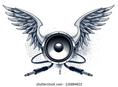 Musical grunge image of speaker with wings and cables. Dirty grunge design elements.