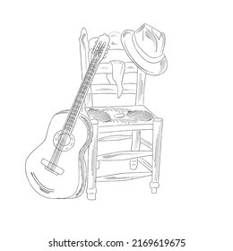 Musical guitar festival. Guitar, chair and hat. Vector vintage illustration. Country