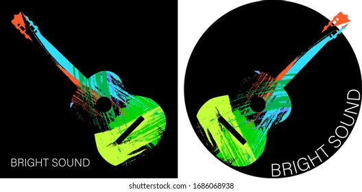 musical guitar round logos in bright colors splattered with paint. Rainbow guitar. Vector web icon