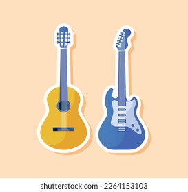 Musical guitars sticker. Electric and acoustic instrument. Inventory for jazz and rock performace. Symphony and melody, song. Stringed instrument. Cartoon flat vector illustration