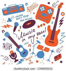 Musical hand-drawn icons. Doodle elements for print, digital, web. Hand-written inscription Music in my soul. Vector