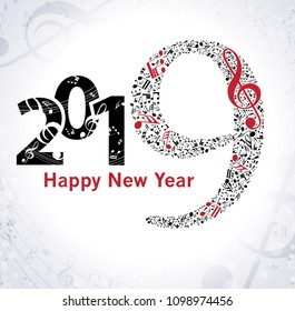 Musical Happy New Year background with notes 2019