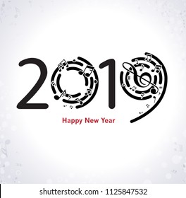 Musical Happy New Year background with notes 2019