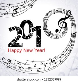 Musical Happy New Year background with notes 2019