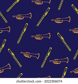 Musical Harmony in Lines: Elevate your designs with hand-drawn illustrations of a trumpet and flute, outlined in vibrant orange and yellow against a deep blue background. Perfect for music-themed 