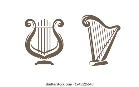 Musical harp, lyre symbol or logo. Classical music concept vector illustration