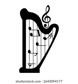 Musical harp with notes, music instrument black silhouette, vector illustration.