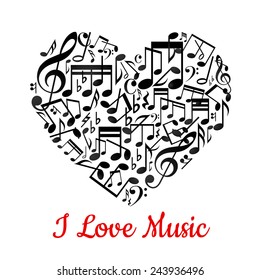 Musical heart with notes ant text I love music