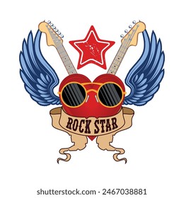 Musical heart with wings. Design for t shirt or poster print. Rock star. Hand drawn for rock-n-roll logo and emblem. Vector illustration. Tattoo.