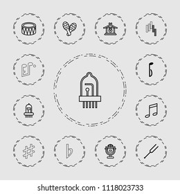 Musical icon. collection of 13 musical outline icons such as gong, music note, tonometer, drum, maraca, microphone, control panel. editable musical icons for web and mobile.