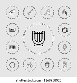 Musical icon. collection of 13 musical outline icons such as microphone, harp, cassette, piano, tambourine, child bicycle, note. editable musical icons for web and mobile.