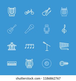 Musical icon. collection of 16 musical outline icons such as gong, child bicycle, treble clef, piano, microphone, harp, xylophone. editable musical icons for web and mobile.