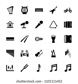 Musical icon. collection of 25 musical filled icons such as child bicycle, note, piano, music note, tonometer, harmonica, harmonic. editable musical icons for web and mobile.