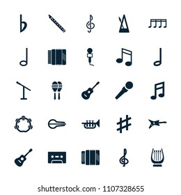 Musical icon. collection of 25 musical filled icons such as treble clef, guitar, microphone, bemol, music note, metronome, trumpet. editable musical icons for web and mobile.