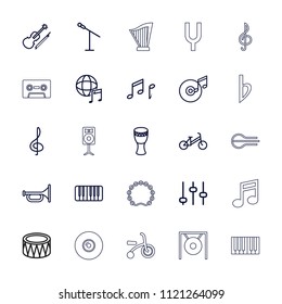 Musical icon. collection of 25 musical outline icons such as child bicycle, adjust, treble clef, trumpet, microphone, piano, drum. editable musical icons for web and mobile.