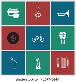 Musical icon. collection of 9 musical filled and outline icons such as pin microphone, child bicycle, treble clef, trumpet. editable musical icons for web and mobile.