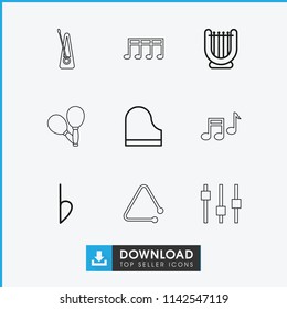 Musical icon. collection of 9 musical outline icons such as harp, piano, bemol, adjust, maracas, music note, metronome. editable musical icons for web and mobile.