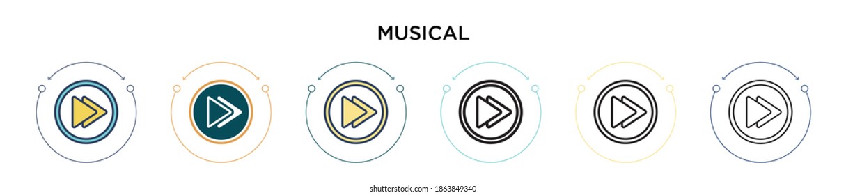 Musical icon in filled, thin line, outline and stroke style. Vector illustration of two colored and black musical vector icons designs can be used for mobile, ui, web