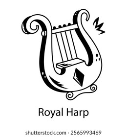 The musical icon of royal harp designed in doodle style 