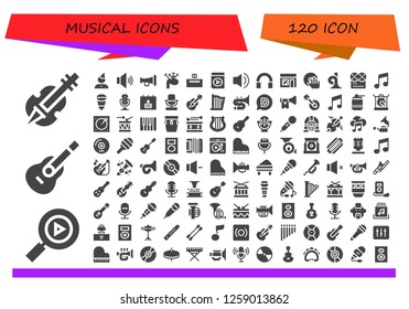  musical icon set. 120 filled musical icons. Simple modern icons about  - Violin, Multimedia, Guitar, Birthday, Volume, Trumpet, Bagpipes, Piano, Audio book, Audio, Music store