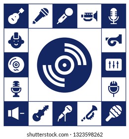 musical icon set. 17 filled musical icons.  Simple modern icons about  - Guitar, Punk, Vinyl, Microphone, French horn, DJ, Volume, Fiddle, Jazz, Trumpet, Maraca