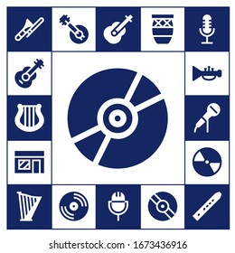 musical icon set. 17 filled musical icons.  Simple modern icons such as: Trombone, Guitar, Harp, Compact disc, Music store, Trumpet, Microphone, Banjo, Vinyl, Conga, Flute