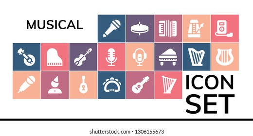 musical icon set. 19 filled musical icons.  Collection Of - Microphone, Banjo, Karaoke, Birthday, Guitar, Tambourine, Harp, Piano, Violin, Voice recorder, Cymbals, Accordion, Metronome