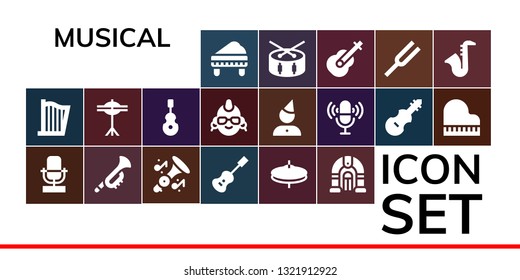 musical icon set. 19 filled musical icons.  Simple modern icons about  - Piano, Harp, Microphone, Trumpet, Acoustic guitar, Cymbals, Jukebox, Instrument, Punk, Birthday, Fiddle