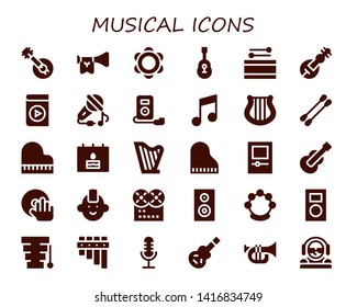 musical icon set. 30 filled musical icons.  Simple modern icons about  - Banjo, Trumpet, Tambourine, Guitar, Drum, Veena, Audio book, Sing, Mp player, Music, Harp, Earbuds, Piano