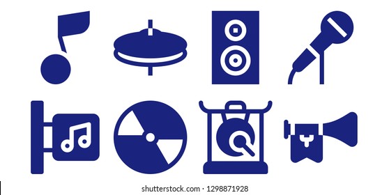  musical icon set. 8 filled musical icons. Simple modern icons about  - Music store, Musical note, Compact disc, Cymbals, Gong, Subwoofer, Trumpet, Microphone