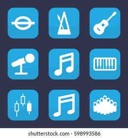 musical icon. Set of 9 filled musical icons such as music note, piano, guitar, harmonica, metronome, microphone, note