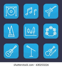 Musical icon. set of 9 outline musical icons such as guitar, gong, violin, metronome, tambourine, note, panel control